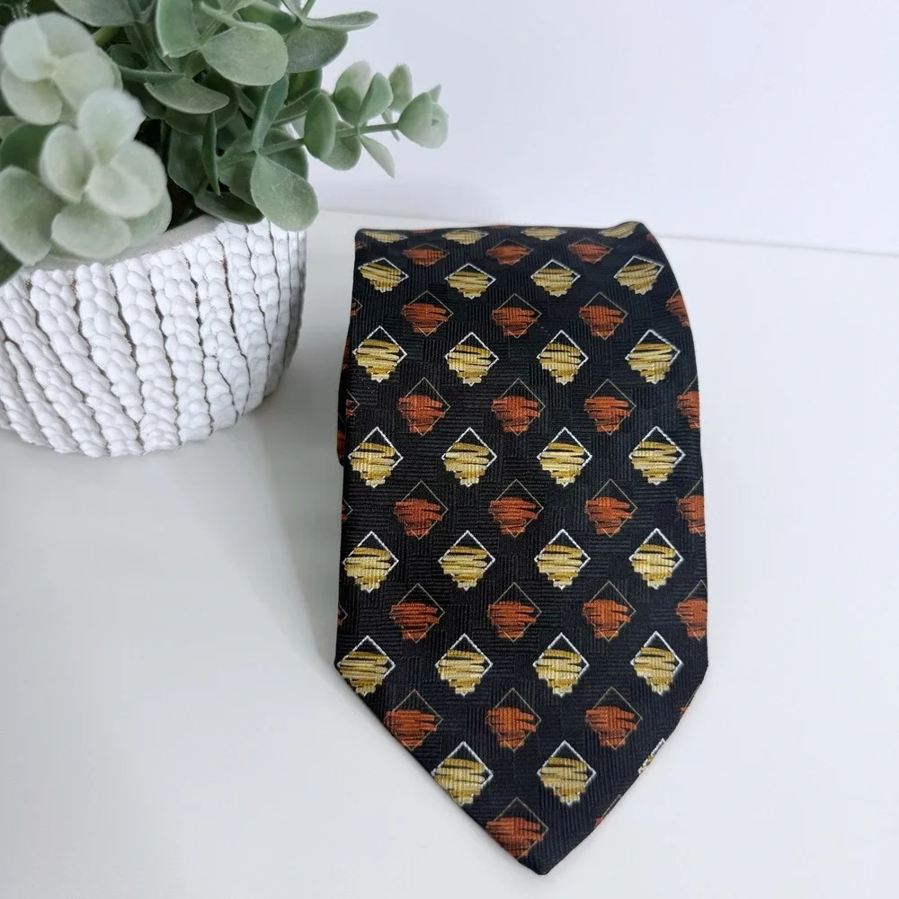 Von Furstenberg Men's‎ Silk Necktie Black Orange Gold Print 3 5/8